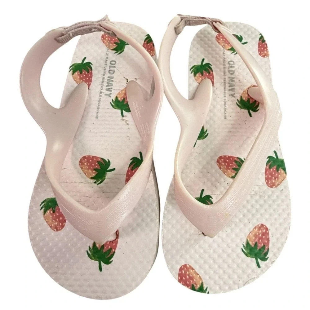 Toddler Girls Strawberry Print Flip Flops‎ Pink Elastic Back Strap Size 6